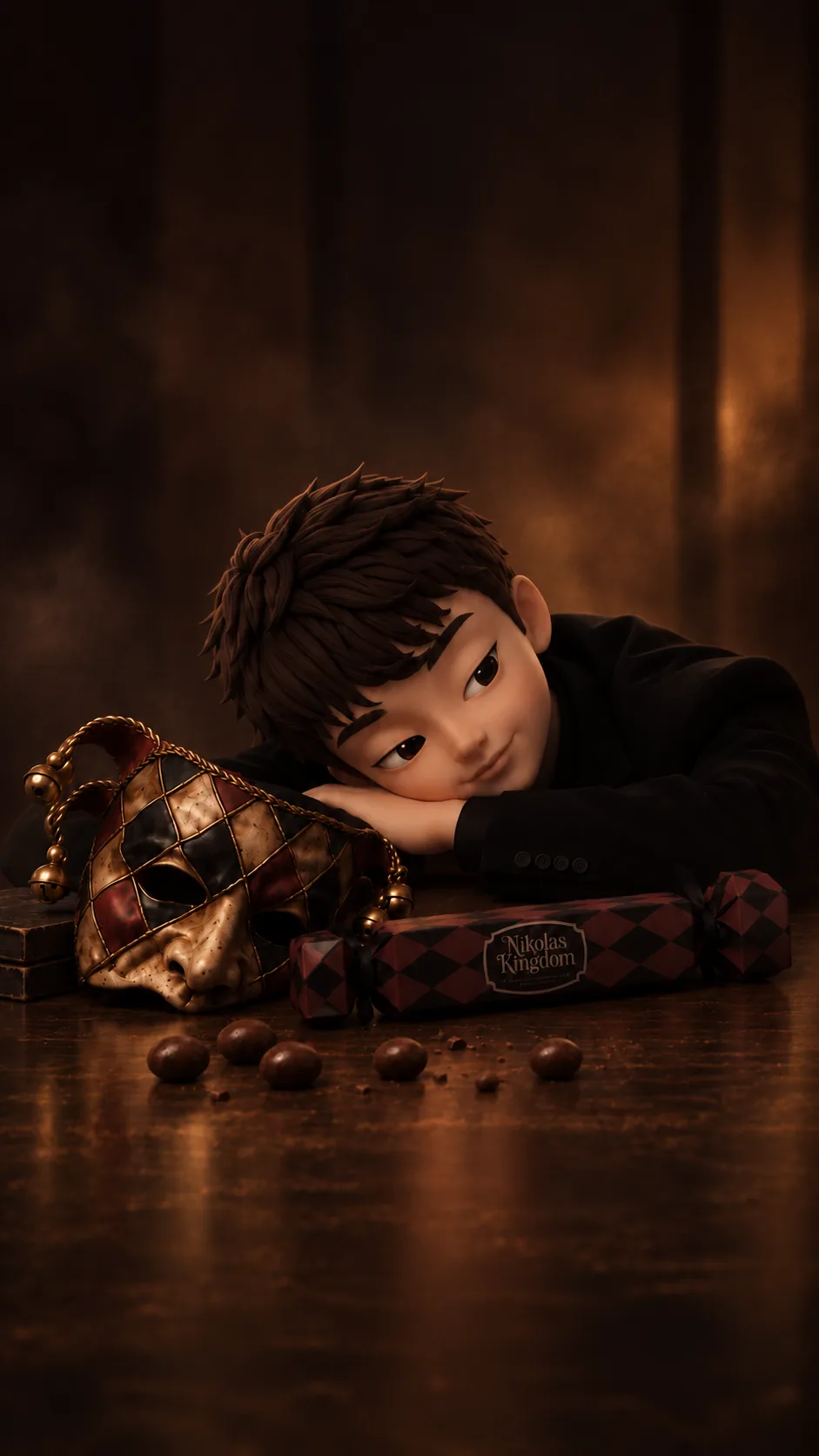 Escena narrativa del personaje con una máscara de arlequín y un estuche de chocolate.