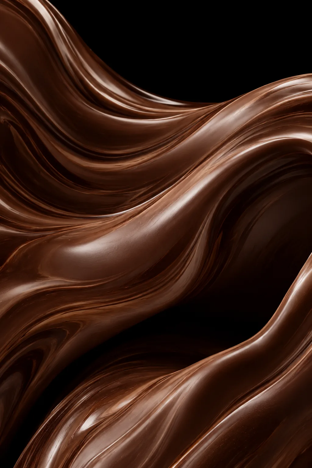 Chocolate fluido con pliegues y reflejos de cacao sobre negro.