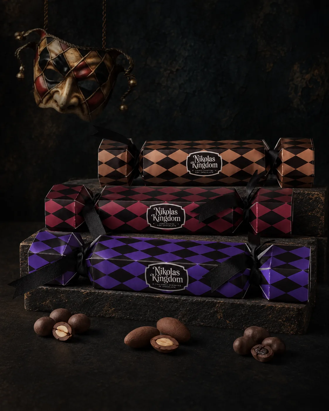 Tres estuches de chocolate con patrón de arlequín, en café, rojo y morado, sobre escalones oscuros.